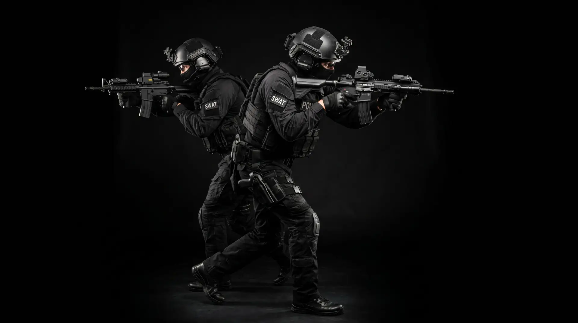 Two SWAT operators in black tactical gear advancing with rifles during Arcane Tactical close protection training