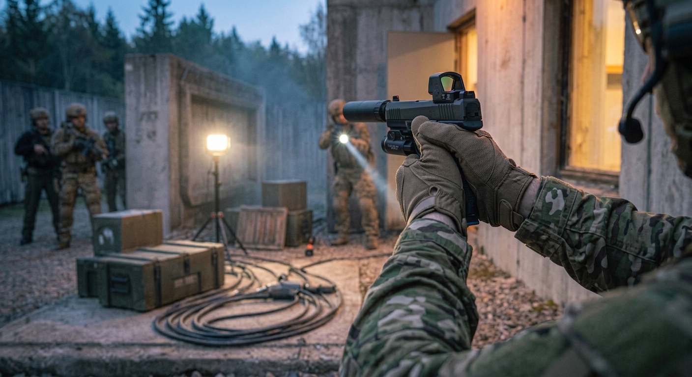 Trainee aiming a pistol with a red-dot sight during night training
