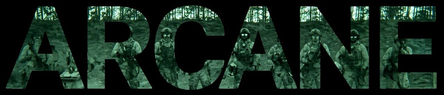 ARCANE lettering filled with footage of operators training in a forest