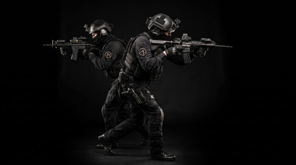 Two Arcane Tactical Concepts operators in black gear covering each other with rifles