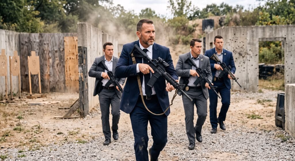 Close protection team in suits moving with rifles through a training compound