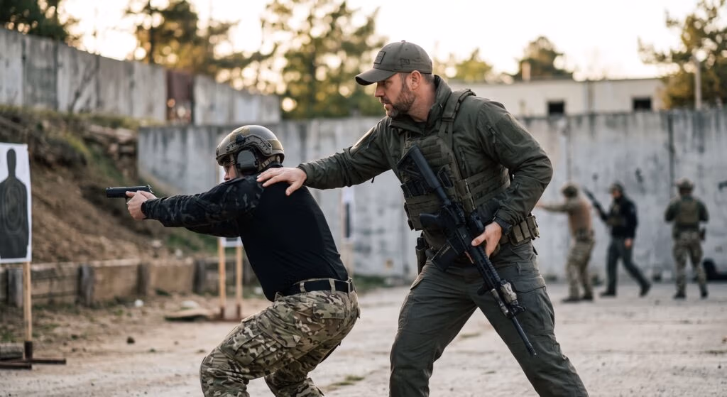 Arcane Tactical Concepts instructor guiding a trainee through a pistol drill on the shooting range