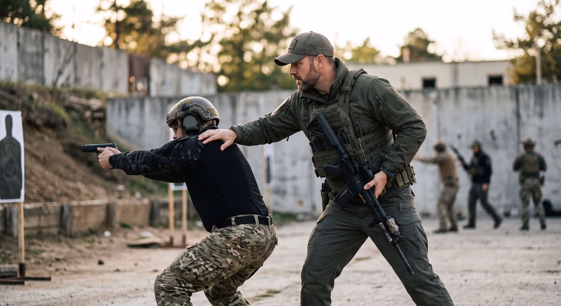 Arcane Tactical instructor guiding a trainee through a pistol drill on the shooting range
