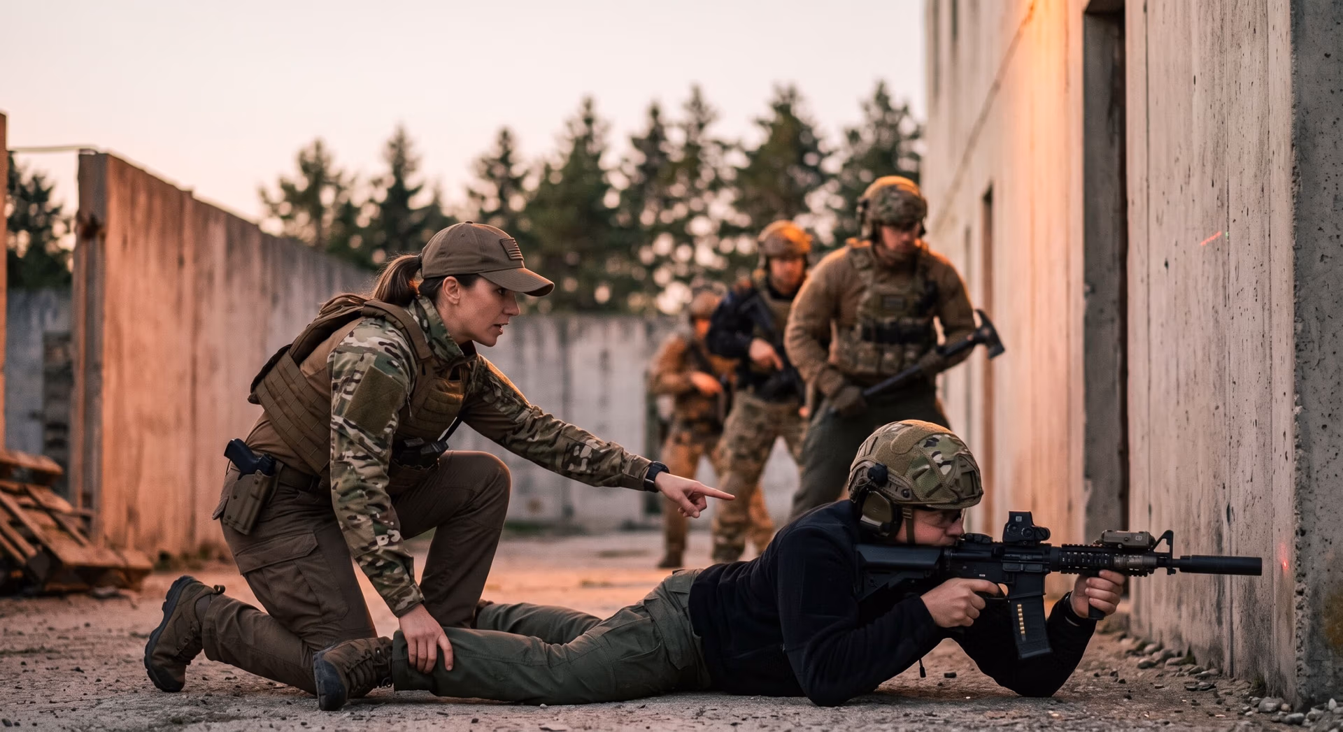 Arcane Tactical instructor coaching a prone rifle shooter on the training range