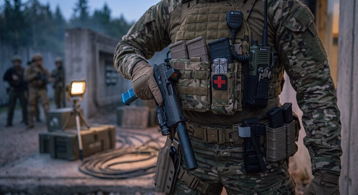 Close-up of an operator's tactical vest with medical pouch at a night training site